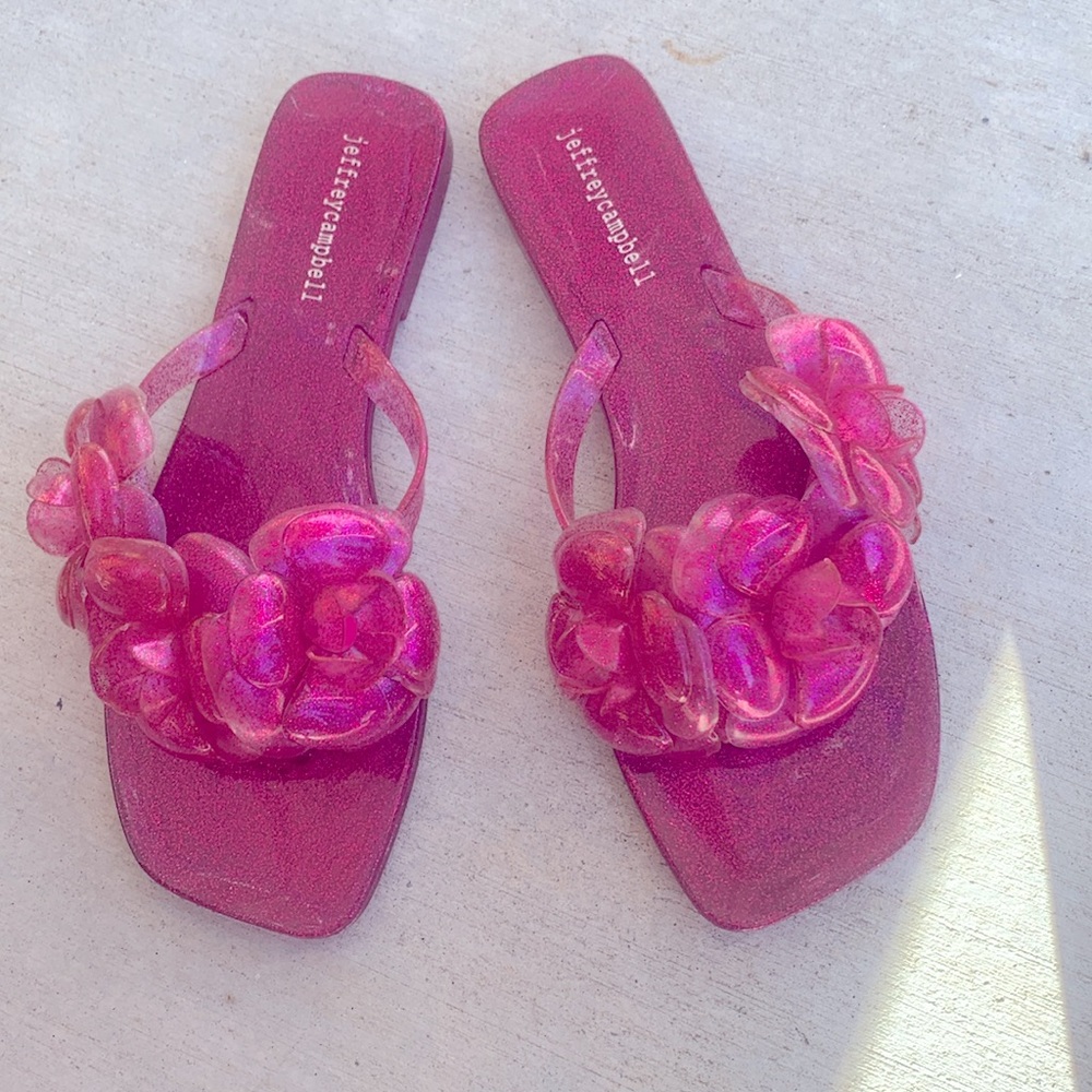 Jeffrey Campbell pink glitter flower flip flops FLEURIS